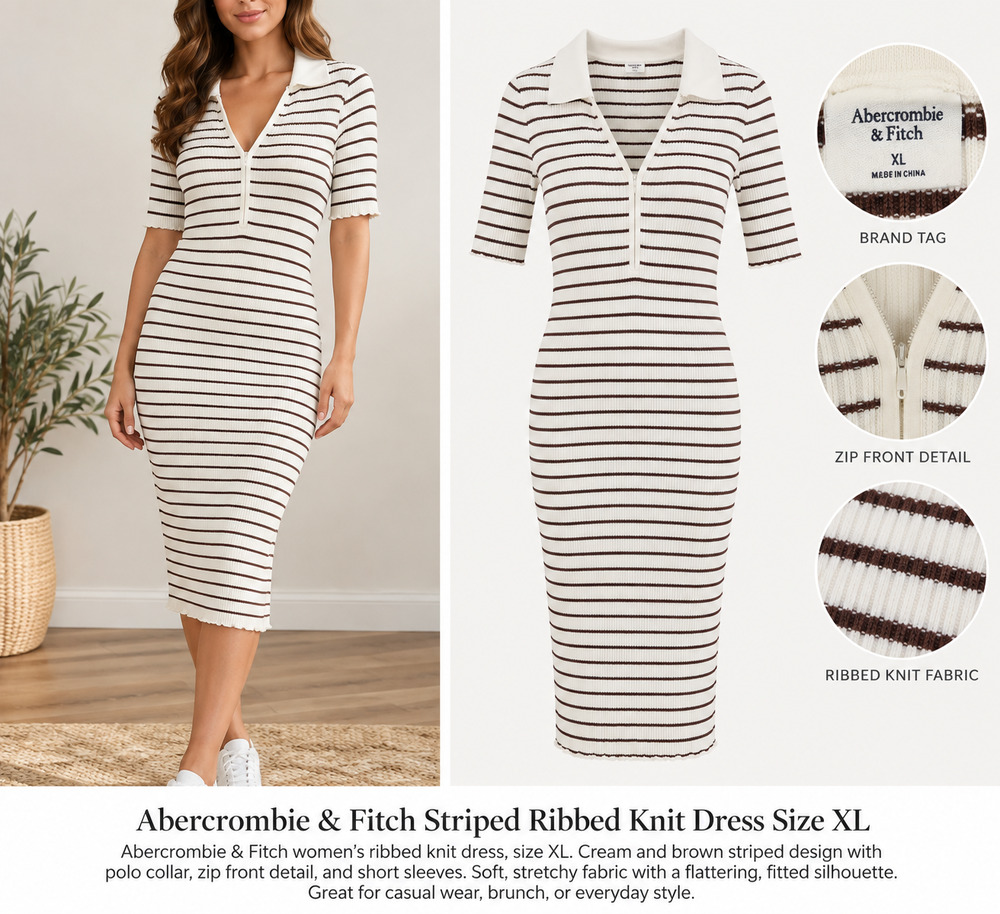 Abercrombie & Fitch Striped Ribbed Knit Polo Midi Dress XL